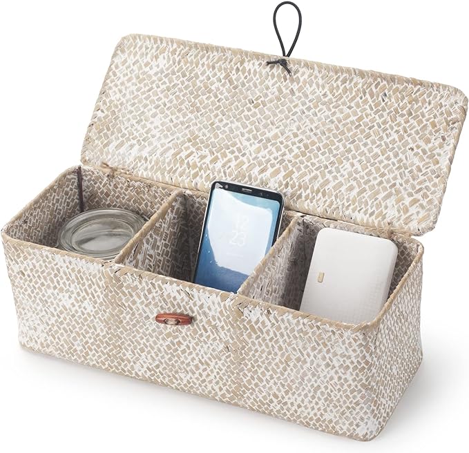 3 Section Seagrass Storage Basket, Handmade Shelf Baskets with Lid for Bathroom/Closet/Livingroom