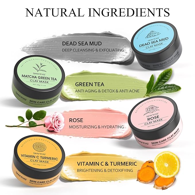SHVYOG 4 Pcs Clay Facial Mask Set - Turmeric, Vitamin C, Green Tea, Dead Sea Mud, and Rose Clay Skin Care Mask for Deep Cleansing, Moisturizing, and Refining Pores - 240g