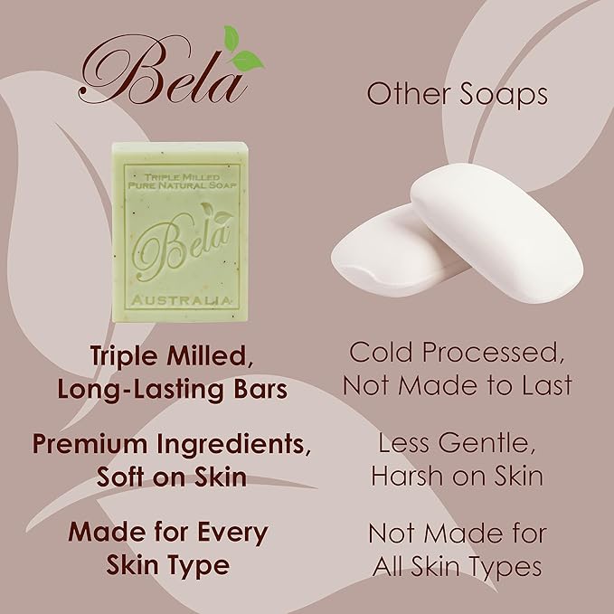 BELA Sandalwood Soap 3.3 OZ, Pack of 6 French Triple Milled Bar Soap with Organic Shea Butter, Hand, Face and Body Wash Bar, Made in Australia