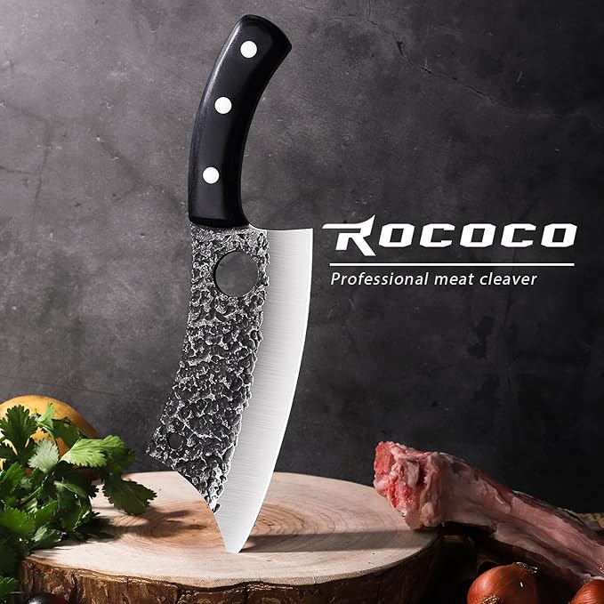 ROCOCO 6.3" Cleaver Butcher Knife Sharp Full Tang Knife with Sheath for Home Outdoor BBQ Camping Mother Father Gift Idea Men