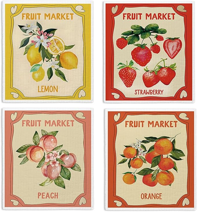 Swedish Dishcloths for Kitchen, Pink Strawberries Peach Orange Lemon Swedish DishCloths for Summer Friut Market, 4 Pack Dish Towels for Kitchen, Papaya Reusable Paper Towels Washable