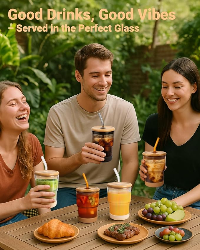 Zukro 13 oz Glass Iced Coffee Cups with Bamboo Lid and Straw for Office/Home/Work, Zero Plastic, Thick Wall Glass Water Tumbler With Silicone Bottom, Matcha Glasses, ECO Friendly, Amber 2 Pack