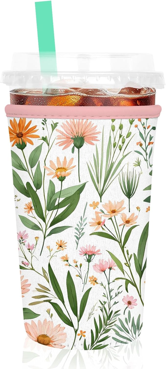 Iced Coffee Sleeve, Reusable Insulated Neoprene Cup Sleeve for Cold & Hot Drinks Beverages, Cup Holder for 32oz Coffee Cups,Colorful Small Flowers