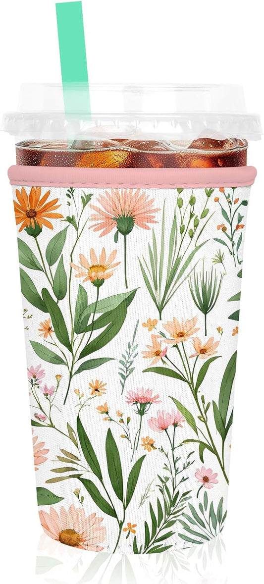 Iced Coffee Sleeve, Reusable Insulated Neoprene Cup Sleeve for Cold & Hot Drinks Beverages, Cup Holder for 32oz Coffee Cups,Colorful Small Flowers