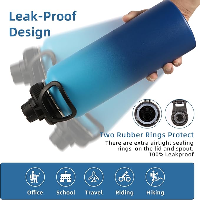 Volhoply Insulated Water Bottles Bulk 4 Pack, 40 oz Stainless Steel Sports Bottle with Paracord Handle & Spout Lid, Double Walled Vacuum Metal Travel Water Jug for Adults(Green Blue,4 Set)