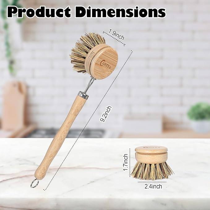 Bamboo Dish Scrubber with Handle 4 Replacement Heads, Natural Dish Scrub Brush Sustainable & Biodegradable, Bamboo Dish Brush for Cleaning Cast Iron Pan/Pot(Hard Bristles)