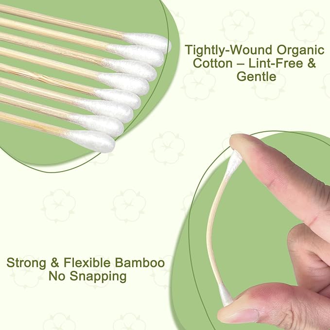 Bamboo Cotton Swabs - Biodegradable Double-Tipped Organic Cotton Buds with Wooden Sticks for Makeup, Personal Care, Ear Cleaning and Pet Grooming (1000 Count)