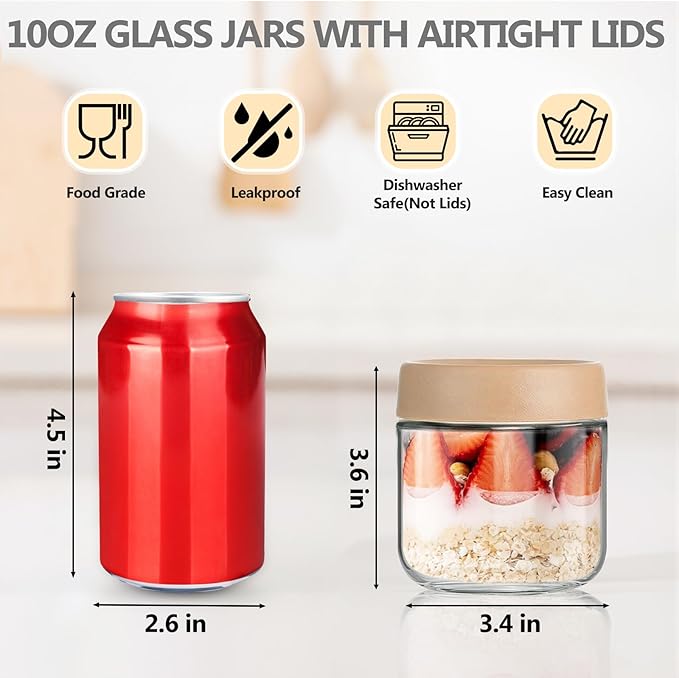 12 Pack 10oz Glass Jars with Lids, Overnight Oats Containers with Airtight Lids, Wide Mouth Mason Jars, Salad, Yogurt Storage, Chia Pudding, Snacks, Sugar - Reusable