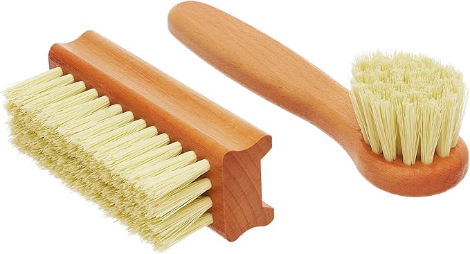 Vegetable Brush Set of 2 - Fruit and Vegetable Brush Scrubber for Food, Potato Scrubber, Mushroom Brush with Comfortable Wooden Handle, Veggie Brush for Carrots, Natural Produce Cleaning Brush