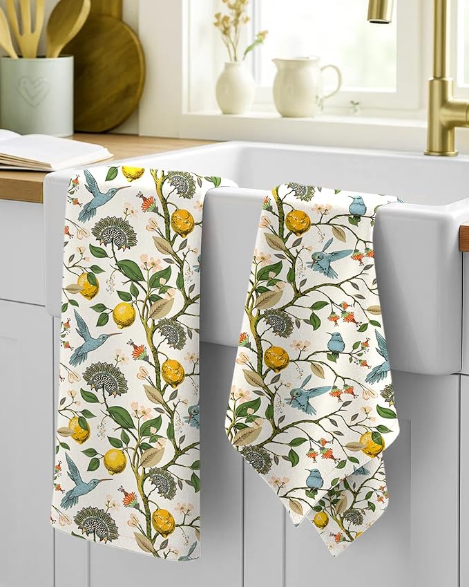Flour Sack Kitchen Towels Set of 2-18x26 Cotton Dish Towels with Hanging Loop Reusable Tea Towel for Cleaning Spring Absorbent Dishcloths Cute Home Decor Housewarming, Lemon Birds