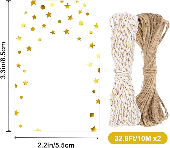 jijAcraft Gift Tags with String, 100Pcs Gold Foil Star Blank Gift Wrapping Labels, 3.3x2.1 Inch White Paper Name Tags for Wedding, Birthday, Baby Shower