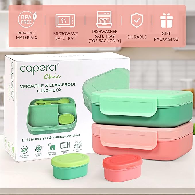 Caperci Bento Lunch Box for Adults - Stackable Leakproof 47oz Lunch Containers for Adults with Sauce Container - Idea for Office, On-the-go, Microwave/Dishwasher Safe, BPA Free (Pink)