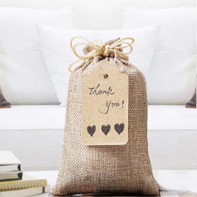 Homum 25Pcs Premium Burlap Gift Bags with Drawstring and 25Pcs Gift Tags & String, 4x6 Inch Reusable Gift Burlap Linen Sacks Bag for Wedding Favors Party Jewelry Pouches, Christmas, Coffee, DIY Craft