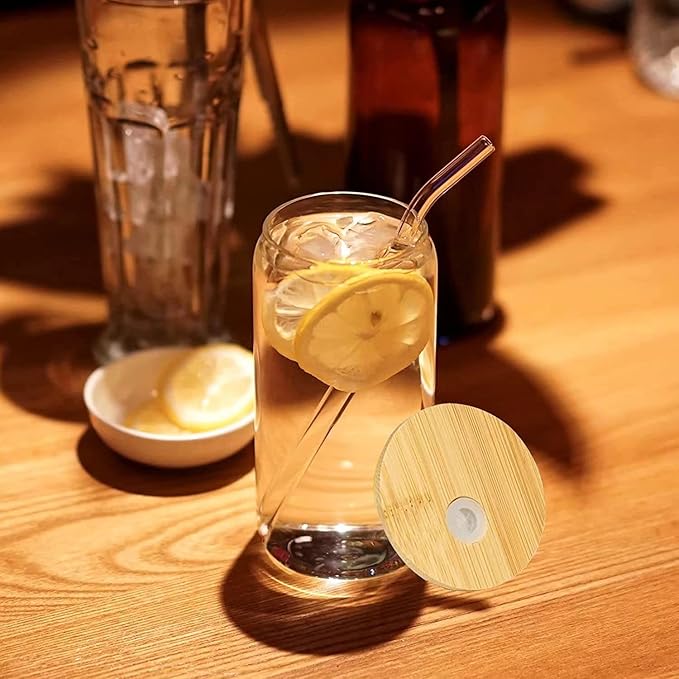 Castuvy Drinking Glasses with Bamboo Lids and Glass Straw, 16 Oz Glass Cups for Coffe, Beer, Cute Tumbler Cup for Soda Boba Tea Cocktail, coming 2 Cleaning Brushes, Pack of 6