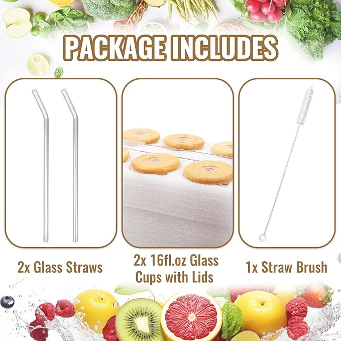 Glass Cups with Lids and Straws 16 oz, 2-Pack Borosilicate Glass Tumbler with Bamboo Lids & Glass Straws, for Iced Coffee, Bubble Tea, Beer, Reusable Drinking Glasses Set Include Cleaning Brush
