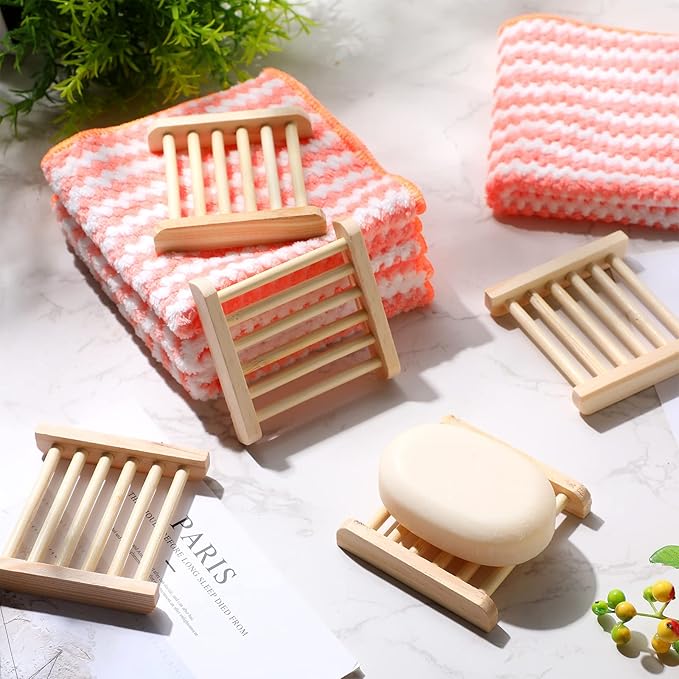 Amyhill 25 Pcs Bamboo Wood Soap Dish Bulk Bathroom Wooden Soap Holder Savers Self Draining Dishes Handcraft Tray, 3.3 x 3.3 x 0.67 Inch (Wood Color)