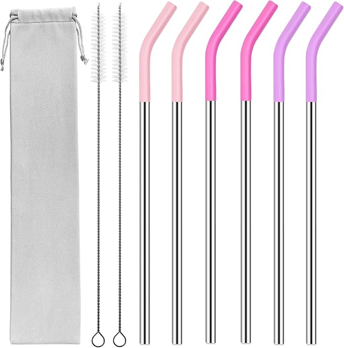 40 oz Stainless Metal Straws for 40 oz Stanley Tumbler, 6Pcs Reusable Straight Long Steel Straws with 12 Silicone Tips and 2 Straw Cleaning Brushes(3Color2, 40oz)