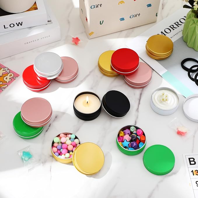 Moxweyeni 49 Pcs 1 Oz/30 ml Aluminum Tin Cans with Screw Lid, Refillable Travel Size Cosmetic Containers for Salves, Beard Balms, Candles, Lip Balm, Spices, DIY Cosmetic Storage (Multicolor)