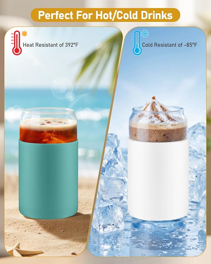 sungwoo Glass Cups with Lids and Straws, 4 Pack 16OZ Iced Coffee Cups with Silicone Sleeve, Glass Tumbler with Straw and Bamboo Lid, Home Essential Drinking Set for Juice, Cocktail and Tea White&Green