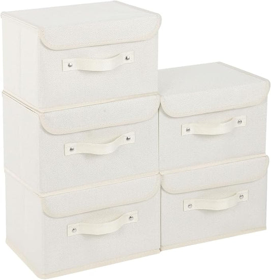 Fabric Storage Bins Cube Organizers with Flip-Top Lid and Handles, Storage Boxes for Organizing Home, Office, and Closet, Beige, 5 Pack 10.2 X 7.9 X 6.7 in
