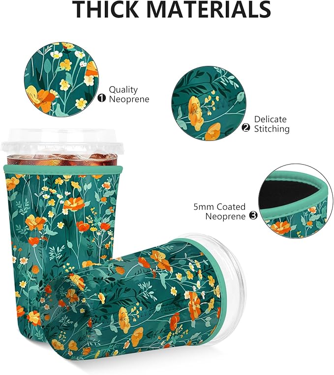 Iced Coffee Sleeve, Reusable Insulated Neoprene Cup Sleeve for Cold & Hot Drinks Beverages, Cup Holder for 16oz-18oz Coffee Cups, Green Flowers