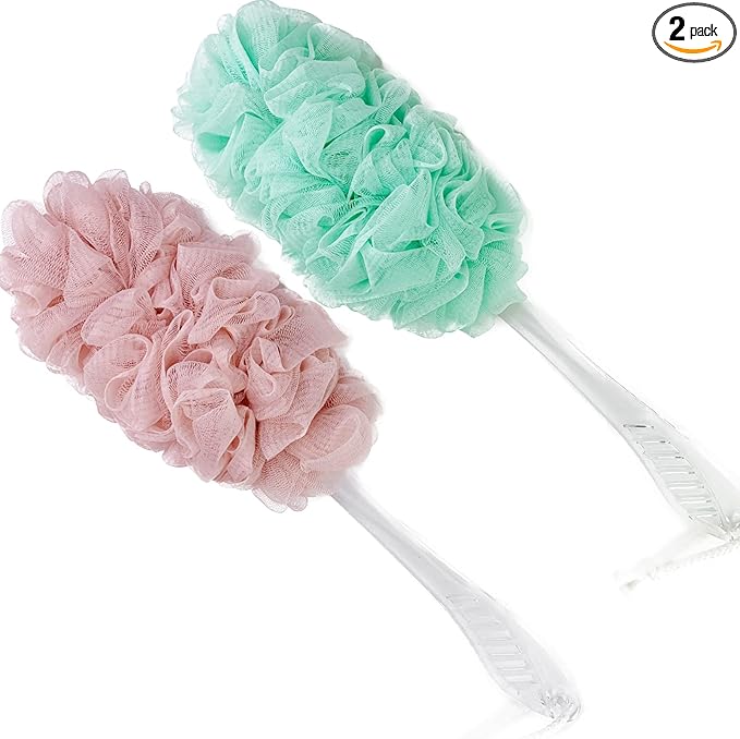 PPHAO - Loofah on a Stick for Men & Women - Bath Brush with Long Handle - Plastic Loofah Sponge - 2Pack in Green & Pink