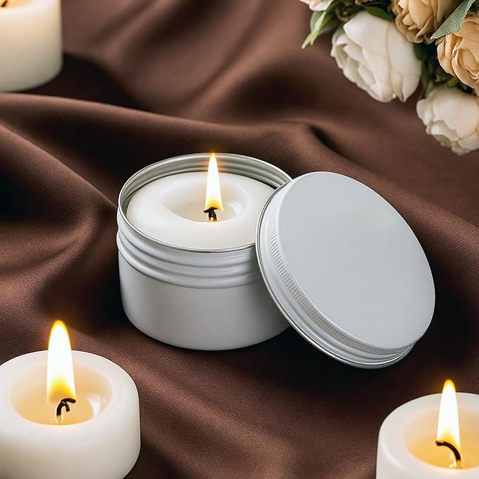 Patelai White Christmas Aluminum Tin Cans 24 Pcs 4 oz Round Metal Tin Jar Containers Refillable Aluminum Storage Cans with Screw Lid and 10 Sheets Label Sticker for Salve Spice Candy Candle