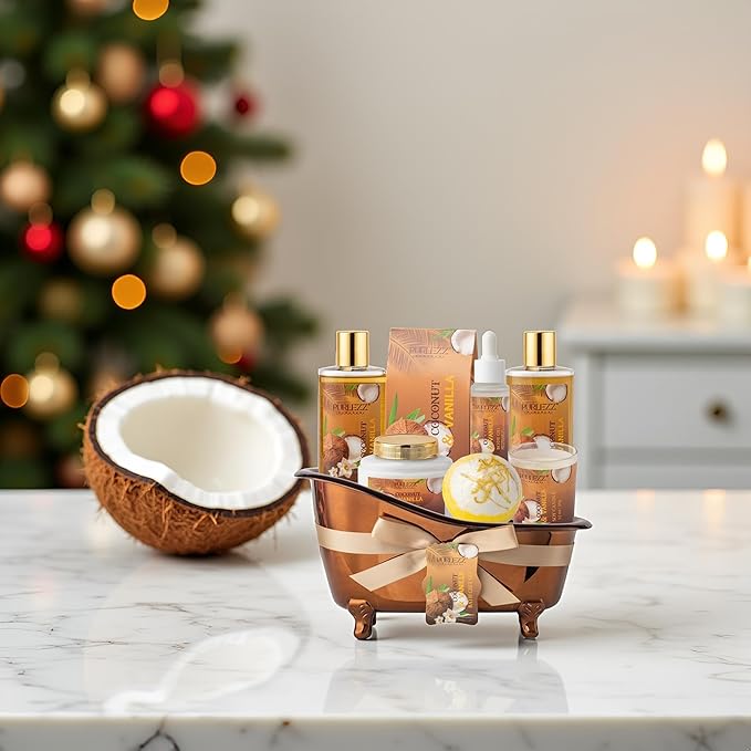 Spa Gift Basket for Women, Coconut & Vanilla Luxury Home Spa Kit, 8pcs Bath Gift Set, Birthday Gift for Women Unique with Bath Bombs, Scented Candle, Body Lotion, Spa Bath Sets for men Gift