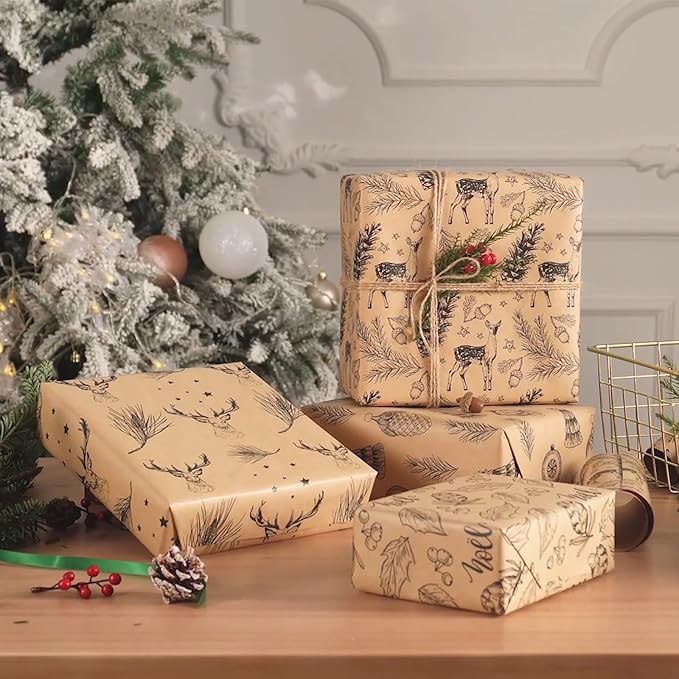 RUSPEPA Christmas Wrapping paper - Brown Kraft Paper with Black Christmas Elements Print Paper - 4 Roll-30Inch X 10Feet Per Roll