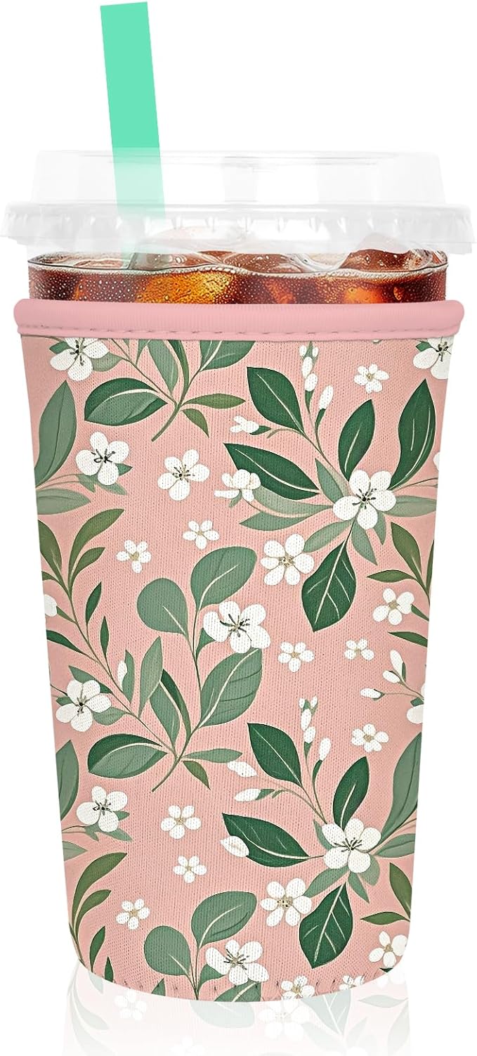 Iced Coffee Sleeve, Reusable Insulated Neoprene Cup Sleeve for Cold & Hot Drinks Beverages, Cup Holder for 32oz Coffee Cups, Pink Leaves