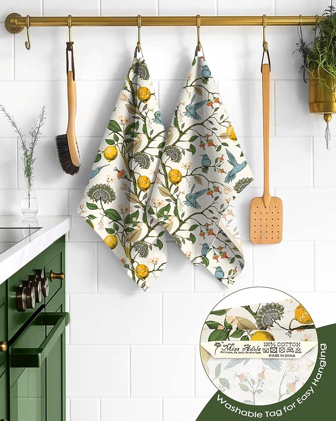 Flour Sack Kitchen Towels Set of 2-18x26 Cotton Dish Towels with Hanging Loop Reusable Tea Towel for Cleaning Spring Absorbent Dishcloths Cute Home Decor Housewarming, Lemon Birds