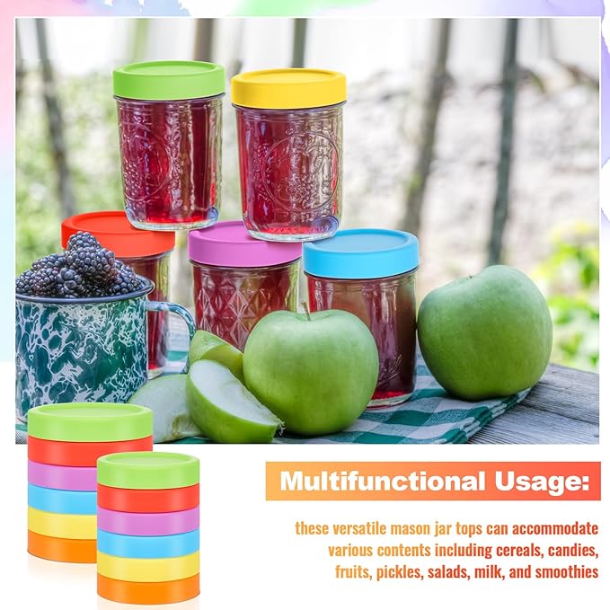 12 Pcs Mason Jars 6 Wide and 6 Regular Mouth Lids Mason Jar Lids Thickened Leak Proof Lid for 86mm, 70mm Wide and Regular Mouth, Reusable Canning Jar Caps(Red Orange Yellow Green Blue Purple)
