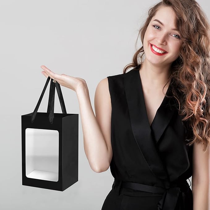 BallHull 12 Pcs Black Kraft Paper Gift Bags with Transparent Window, 9.84"x7.0"x5.12" Kraft Shopping Bags with Handles for Bouquet Christmas Birthdays Festivals Party Weddings Wrapping
