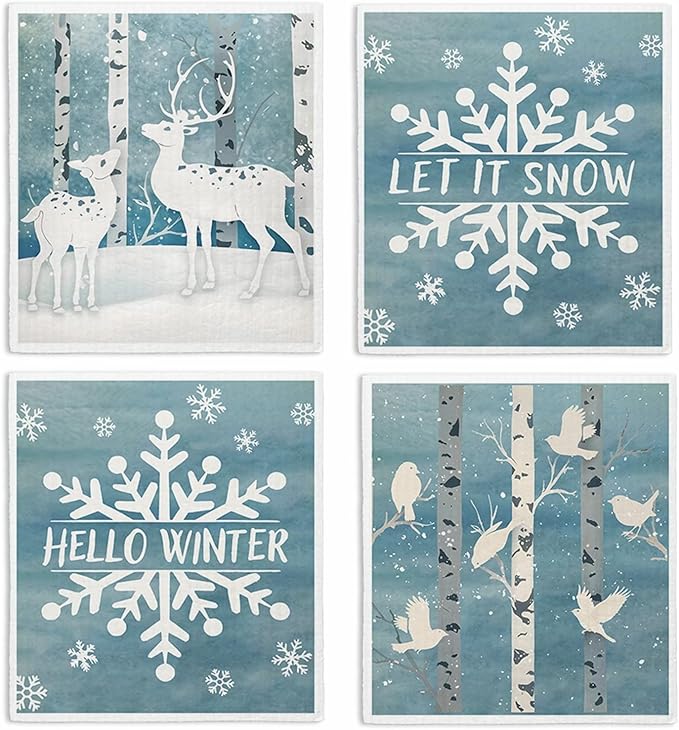 Christmas Swedish Dishcloths for Kitchen, Winter Xmas Reindeer Blue Kitchen Dish Towels for Washing Dishes, 4 Pack Reusable Paper Towels, Sponge Cloths for Home Party Housewarming Cleaning