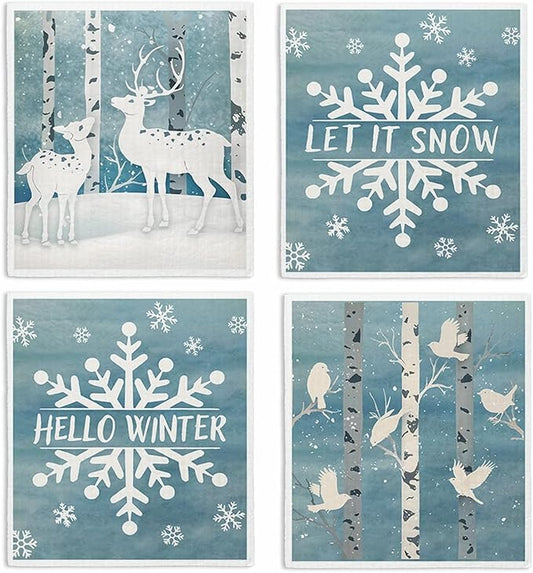 Christmas Swedish Dishcloths for Kitchen, Winter Xmas Reindeer Blue Kitchen Dish Towels for Washing Dishes, 4 Pack Reusable Paper Towels, Sponge Cloths for Home Party Housewarming Cleaning