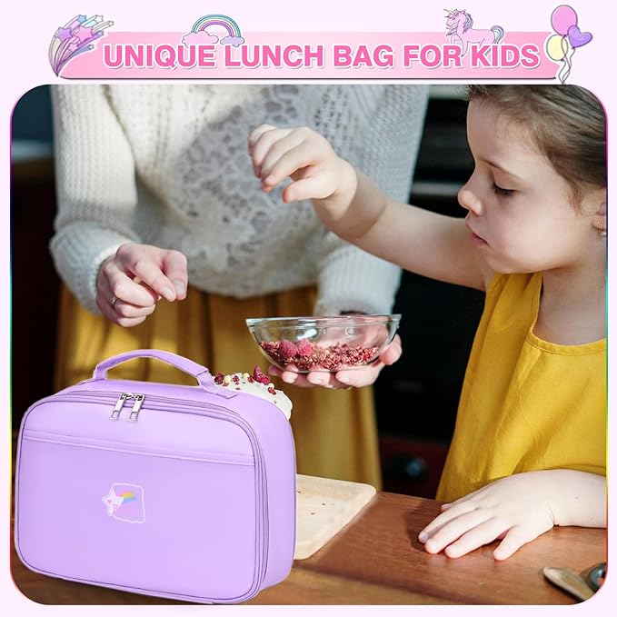 Lunch Box Kids, 11" L x 7" W x 3.5" H, Waterproof Reusable Insulated Lunch Bag for Girls, Cooler Bento Boxes Containers & Snacks for Elementary School Travel (Solid Purple)