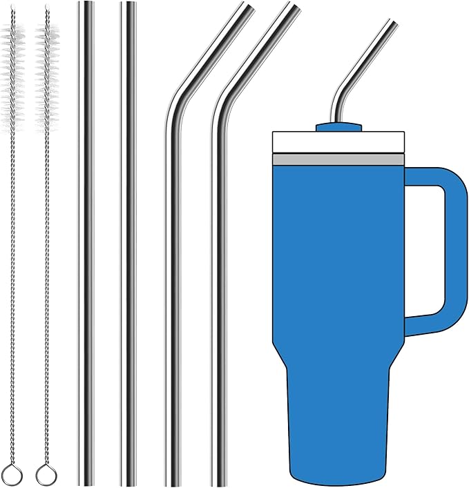 Stainless Steel Straw for Stanley/Simple Modern 40 oz Tumbler, 4Pcs Metal Straight and Curved Reusable Drinking Straw with Cleaning Brush for 40 oz Cup Tumbler