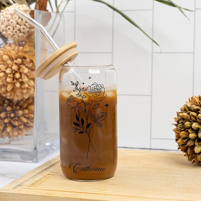 Personalized 16oz Glass Coffee Cup with Bamboo Lid & Reusable Straw – Custom Name Clear or Frosted Glass Tumbler, Spill-Proof Iced Coffee Cup, Gifts for Women & Men