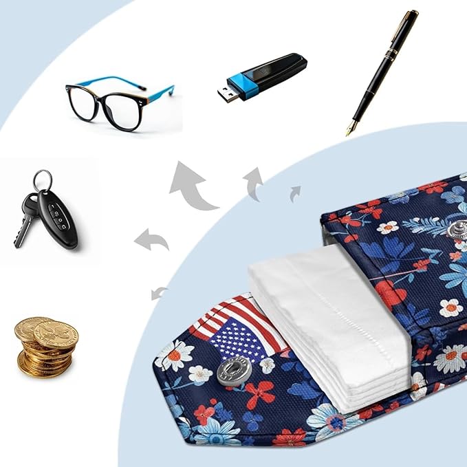 American Flag Floral Tissues Purse Pocket Portable Tissue Holder for Purse Coin Keys Tissues Packs with Hanging Rope for 4th of July Snap Button Enclosed