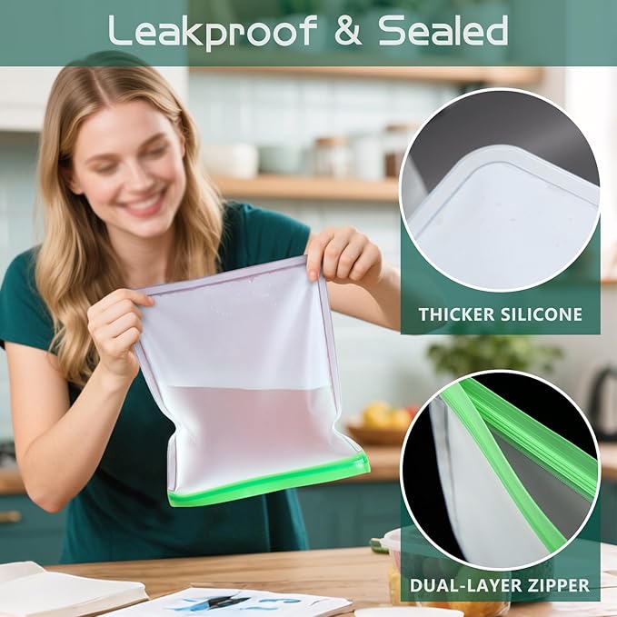 Reusable Food Storage Bags - 10 Pack Freezer Bags - Extra Thick Preservation Bags, Leakproof Silicone Bag for Meal Prep, Kitchen Organization - 4 Gallon 3 Sandwich 3 Snack Bags