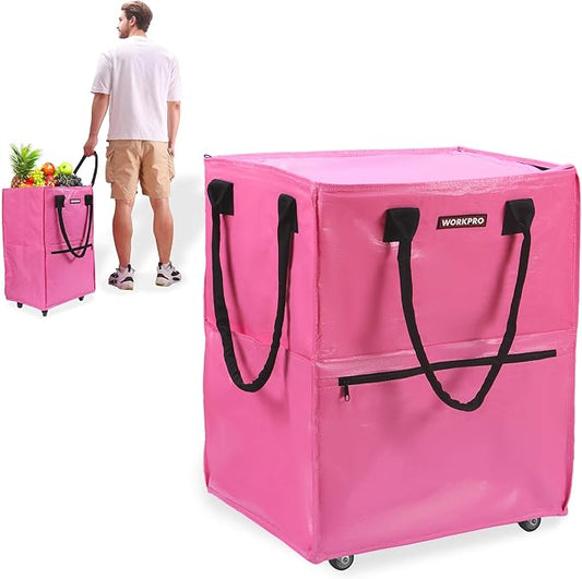 WORKPRO Large Reusable Grocery Bag on Wheels, Heavy Duty Rolling Shopping Tote with Handle, Folding Trolley on 5 Caster Wheels for Groceries, Laundry, Camping, Moving