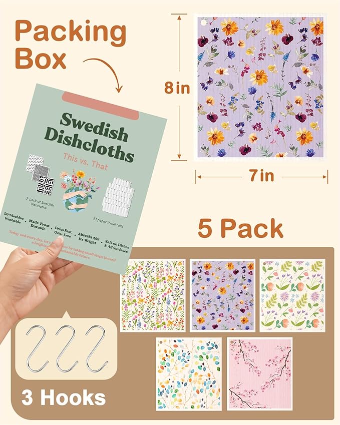 Swedish Dishcloths for Kitchen with Hooks - Reusable Dish Cloths for Washing Dishes Fast Drying Cute Fun 5 Pack Swedish Dish Towels Washable Cleaning Sponge, Elegant Flowers