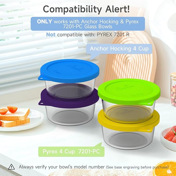 Sophico 4 Cup Round Silicone Storage Cover Lids Replacement for Anchor Hocking and Pyrex 7201-PC Glass Bowls (Container not Included) (Mix2)