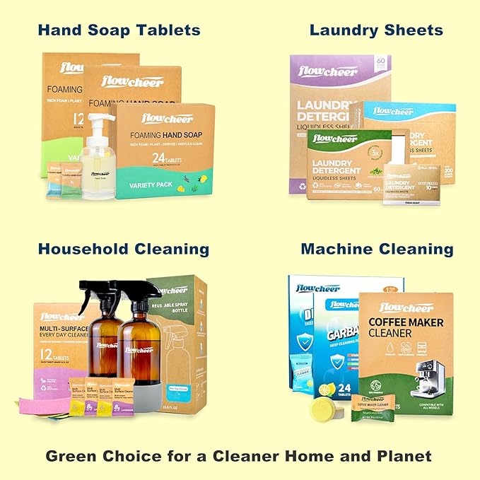 Flowcheer All Purpose Cleaner Concentrate Refills, Multi Surface Clean Refill,No Toxic Cleaning Tablets(12Pack)-Makes 192 fl oz(12x16Fl oz)Bottles of Spray Cleaner for Household&Kitchen Cleaning-Lemon