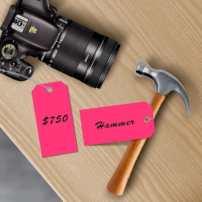 200 PCS 4 3/4" x 2 3/8" Neon Color Shipping Tags with Wire Paper Heavy Duty Hang Tags with Reinforcement Holes Writable Luggage Tag with String Durable Marking Tags (Neon Pink, 4 3/4" x 2 3/8")
