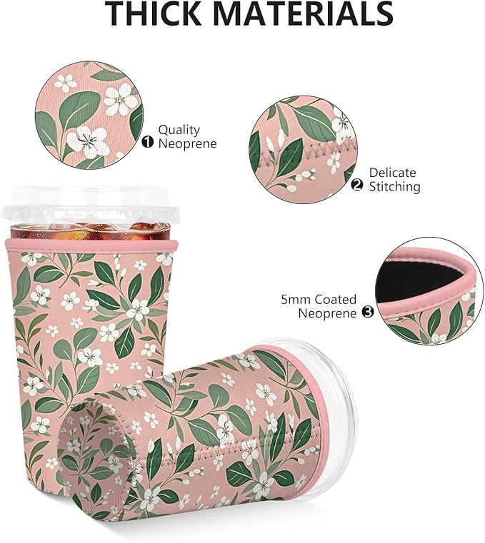 3 Pack Iced Coffee Sleeve, Reusable Insulated Neoprene Cup Sleeve for Cold & Hot Drinks Beverages, Cup Holder for 16-32oz Coffee Cups, Pink Leaves