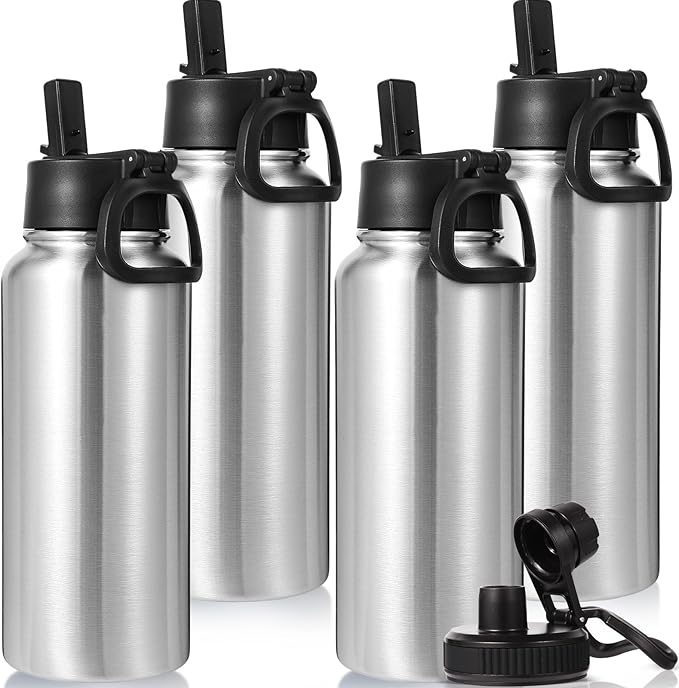 Neihepal 32 oz Insulated Water Bottles Bulk with 2 Lids (Straw & Spout Lid), Stainless Steel Double Wall Water Bottle, Keeps Cold 24H & Hot 12H (Silver,4 Pack)