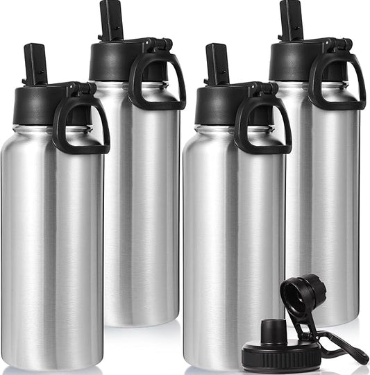 Neihepal 32 oz Insulated Water Bottles Bulk with 2 Lids (Straw & Spout Lid), Stainless Steel Double Wall Water Bottle, Keeps Cold 24H & Hot 12H (Silver,4 Pack)