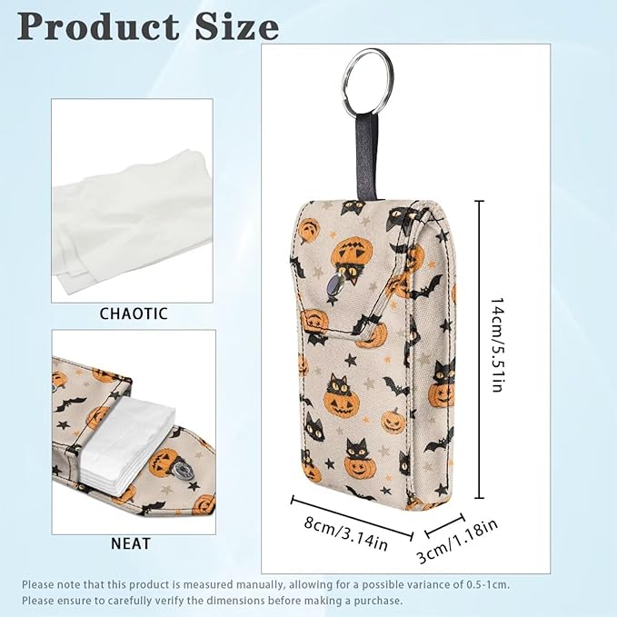 Black Cat Bat Print Purse Tissue Holder Portable Pocket Tissue Holder for Coin Keys Tissues with Hanging Rope Snap Button Enclosed