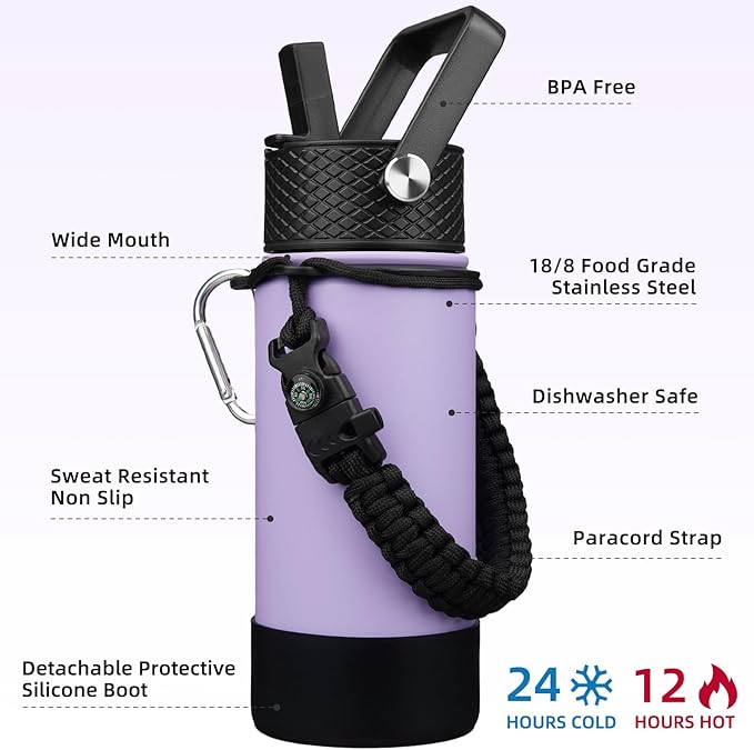 BJPKPK Water Bottle with Straw Lid, 18oz Insulated Water Bottles with 3 Lids, Paracord Handle & Non-slip Boot, Metal Stainless Steel Thermal Flasks, BPA Free Leak Proof Cups, Tumblers,Lavender